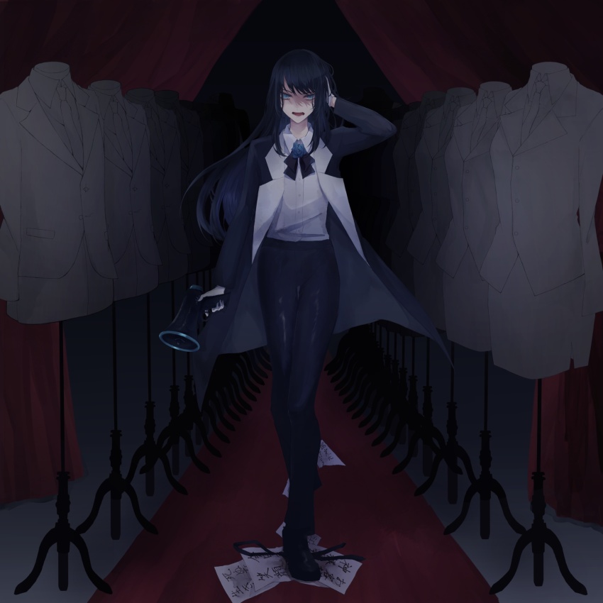 1girl ado_(utaite) arm_up black_footwear black_necktie blue_eyes blue_flower blue_hair blue_jacket blue_pants blue_rose blue_suit chando_(ado) collared_shirt commentary_request curtains dark dark_blue_hair dress_shirt fangs flower flower_brooch formal full_body gloves hair_between_eyes hand_on_own_head highres holding holding_megaphone jacket lapels long_bangs long_hair looking_at_viewer mannequin megaphone mole mole_under_eye necktie notched_lapels official_art open_clothes open_jacket open_mouth orihara_(ewkkyorhr) pants paper perspective red_carpet rose shirt shirt_tucked_in side_slit skirt skirt_suit solo standing stepping straight-on suit suit_jacket swept_bangs tight_clothes tight_pants translation_request unworn_necktie vanishing_point white_gloves white_shirt