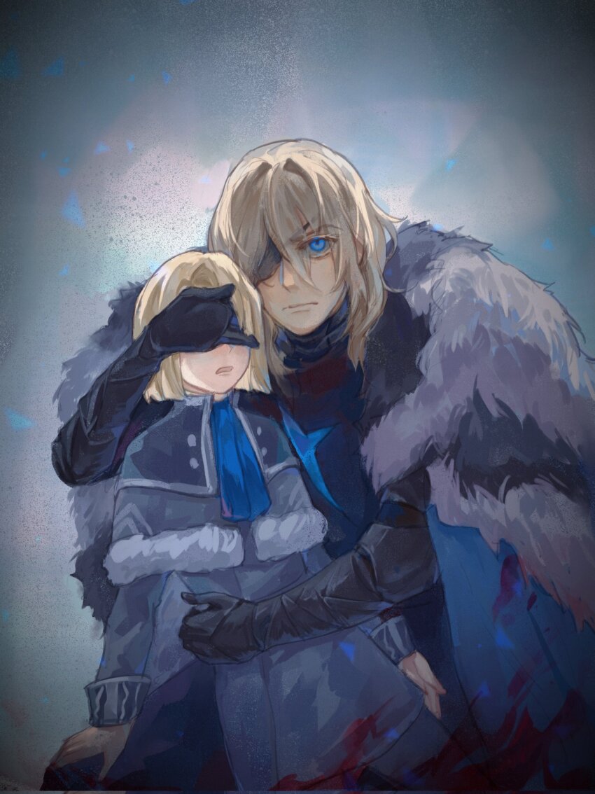 age_comparison armor armored_gloves ascot black_armor black_fur black_gloves blonde_hair blood blood_on_clothes blue_ascot blue_cape blue_coat cape capelet closed_mouth coat commentary dimitri_alexandre_blaiddyd dual_persona eyepatch fire_emblem fire_emblem:_three_houses fur-trimmed_cape fur-trimmed_capelet fur_trim gloves hair_between_eyes hand_over_another&#039;s_eyes hashtag-only_commentary highres looking_at_viewer male_focus nintendo one_eye_covered open_mouth time_paradox white_fur xymarica