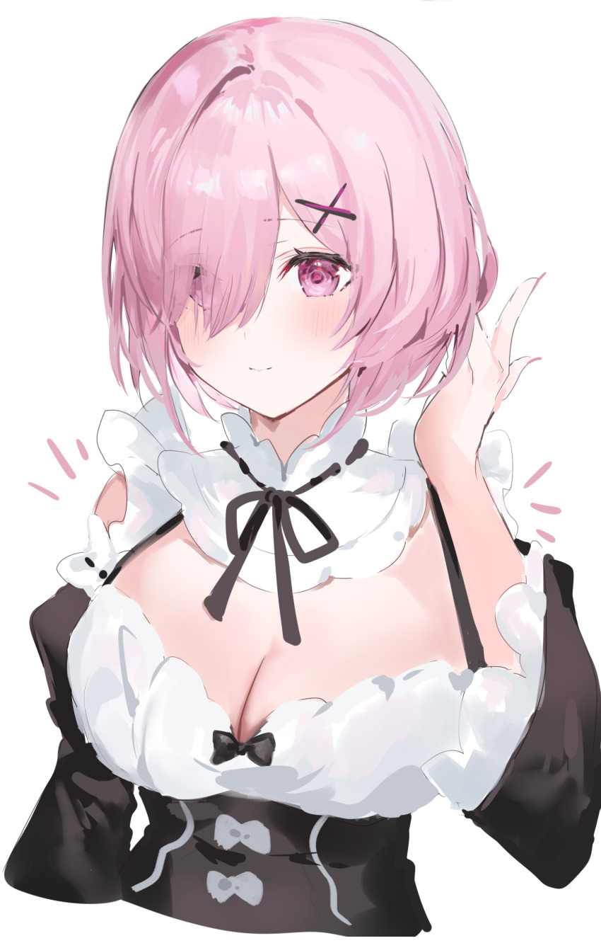 1girl alternate_costume bad_id bad_pixiv_id bare_shoulders black_dress blush breasts cleavage cosplay detached_collar detached_sleeves dress fate/grand_order fate_(series) hair_ornament hair_over_one_eye highres large_breasts light_purple_hair long_sleeves look-alike looking_at_viewer mash_kyrielight purple_eyes re:zero_kara_hajimeru_isekai_seikatsu rem_(re:zero) rem_(re:zero)_(cosplay) roswaal_mansion_maid_uniform short_hair smile solo x_hair_ornament yuuko_(030_yuko)