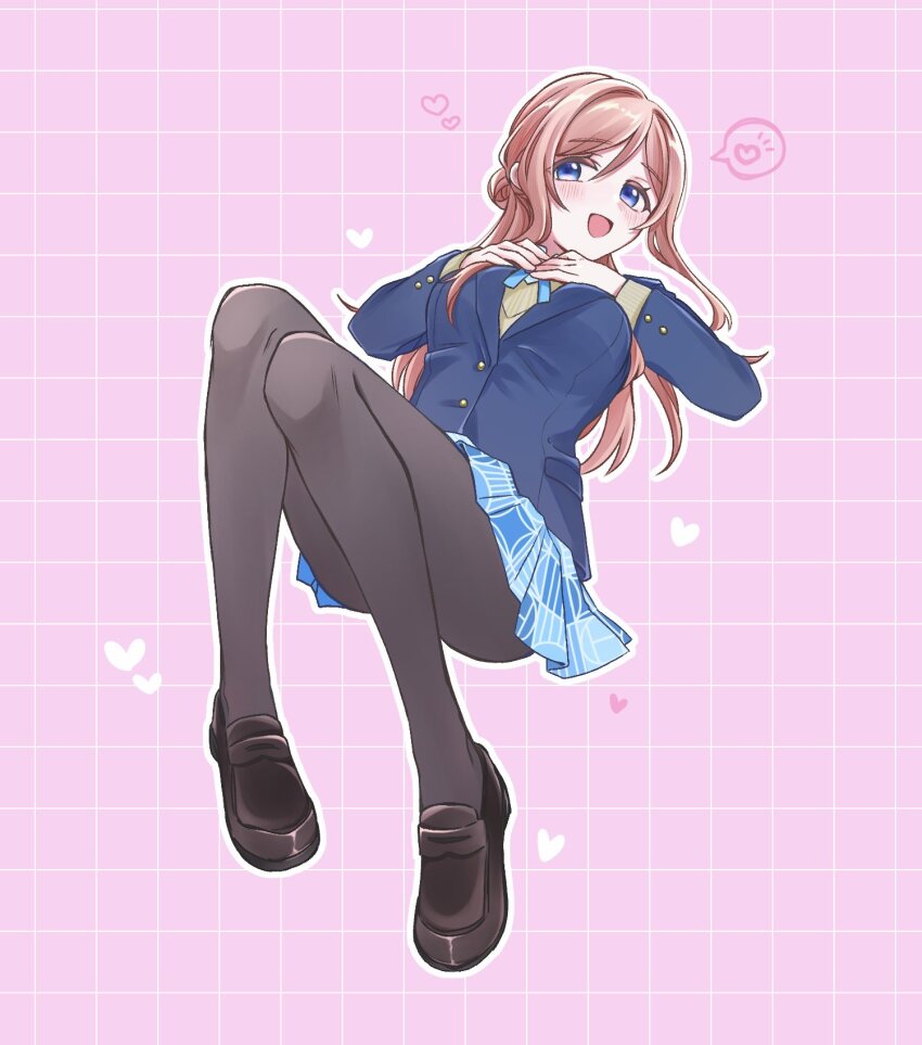 1girl black_pantyhose blazer blue_eyes blue_jacket blue_skirt blush breasts brown_hair commentary floating full_body gakuen_idolmaster hair_intakes hatsuboshi_gakuen_school_uniform heart highres himesaki_rinami idolmaster jacket kir_nt large_breasts loafers long_hair miniskirt open_mouth pantyhose patterned_background pink_background pleated_skirt school_uniform shoes simple_background skirt smile solo spoken_heart symbol-only_commentary