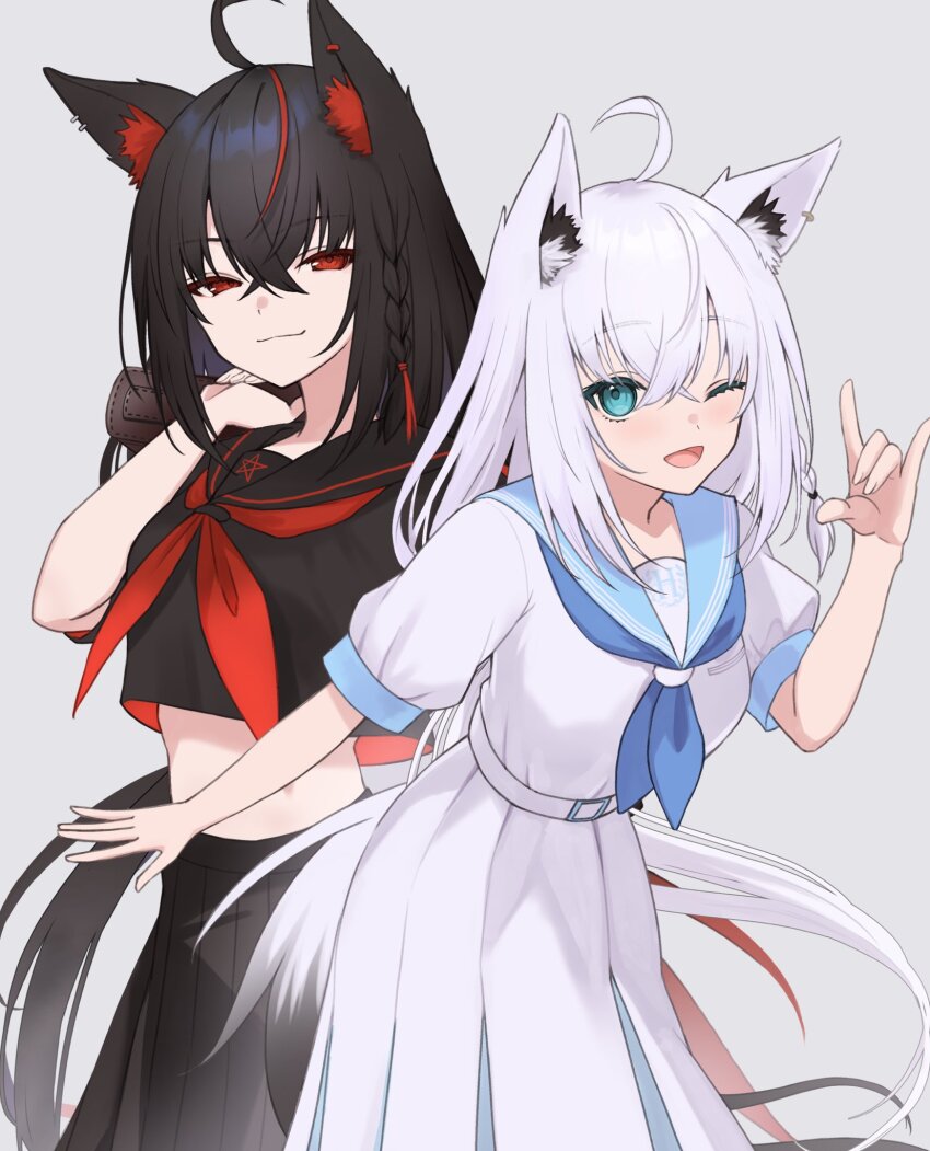 2girls :3 ;d absurdly_long_hair ahoge alternate_costume animal_ear_fluff animal_ears belt black_hair black_sailor_collar black_serafuku black_skirt black_vs_white blue_neckerchief blue_sailor_collar blue_skirt braid breasts carrying crop_top crop_top_overhang crossed_bangs dark_persona dual_persona fox_ears fox_girl fox_shadow_puppet fox_tail hair_between_eyes haruwo highres hololive kurokami_fubuki leaning_forward long_hair long_skirt looking_at_viewer medium_breasts midriff multiple_girls neckerchief one_eye_closed open_mouth pleated_skirt puffy_short_sleeves puffy_sleeves red_eyes red_hair red_neckerchief red_streaks sailor_collar school_uniform serafuku shirakami_fubuki short_sleeves shoulder_carry side_braid simple_background single_braid skirt smile smug tail very_long_hair virtual_youtuber white_background white_belt white_serafuku