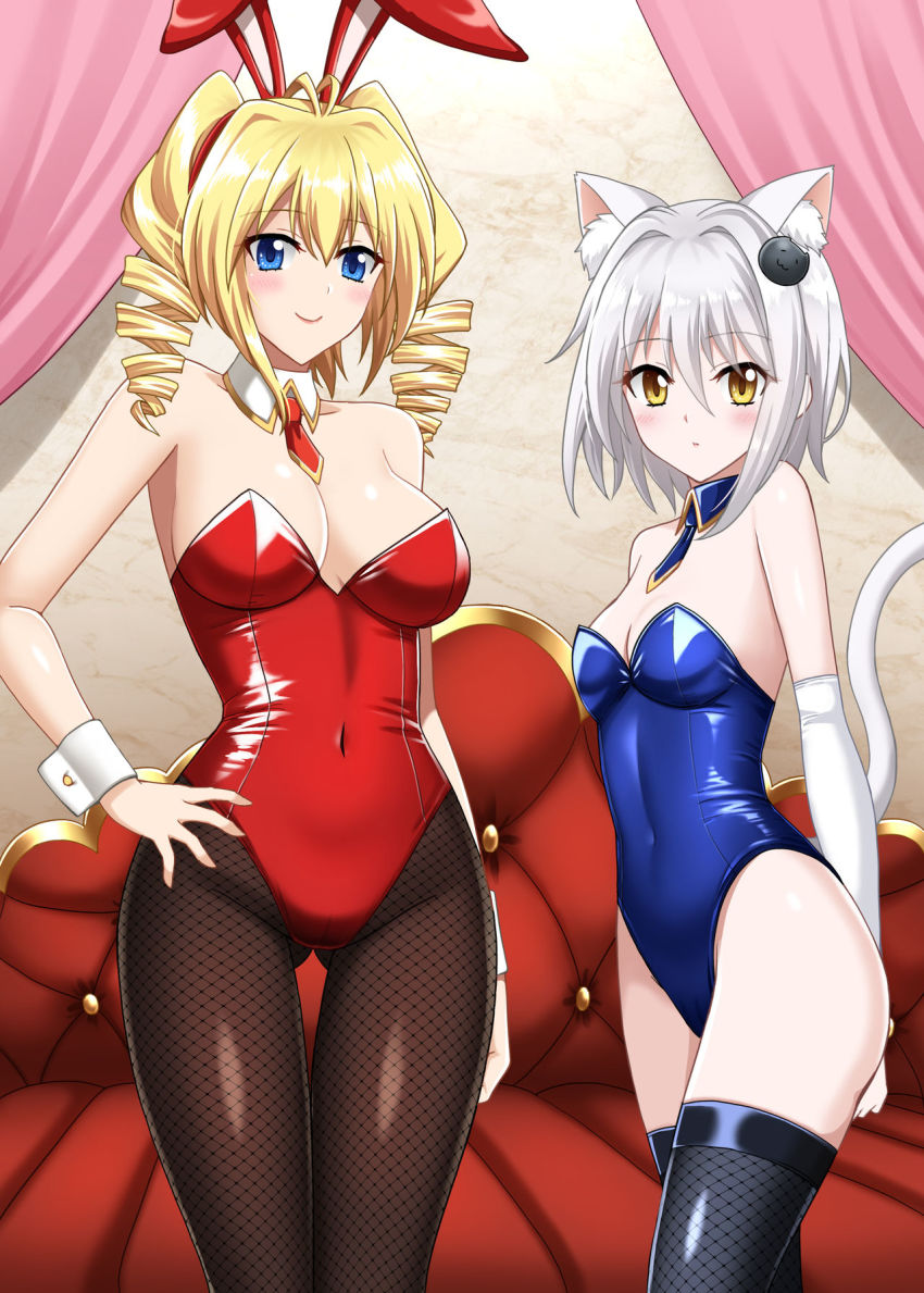 2girls animal_ear_fluff animal_ears blonde_hair blue_eyes blue_leotard blush breasts cat_ears cat_girl cat_hair_ornament cat_tail cleavage couch covered_navel curtains curvy detached_collar drill_hair elbow_gloves fake_animal_ears female_focus fishnet_pantyhose fishnets gloves gluteal_fold hair_ornament hand_on_own_hip hellandheaven high_school_dxd highleg highleg_leotard highres kittysuit large_breasts leotard lipstick looking_at_viewer makeup multiple_girls necktie nontraditional_playboy_bunny pantyhose playboy_bunny rabbit_ears ravel_phenex red_leotard small_breasts smile standing tail thick_thighs thighhighs thighs toujou_koneko white_gloves white_hair wide_hips wrist_cuffs yellow_eyes