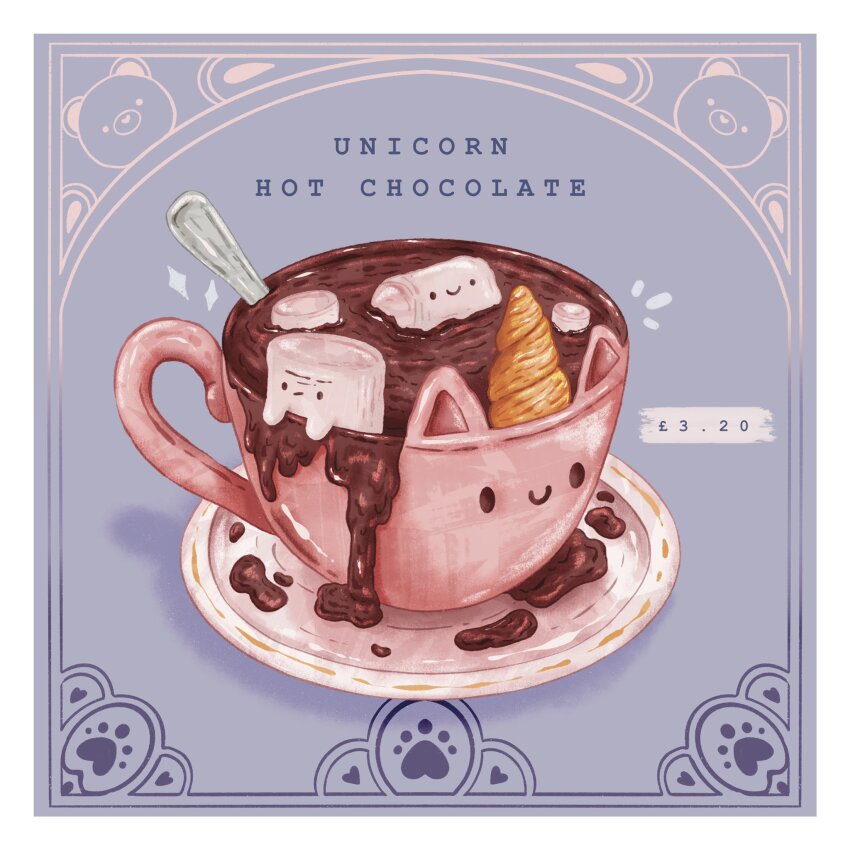 abbey_and_bear border closed_mouth commentary cup drink english_commentary english_text food food_focus highres hot_chocolate marshmallow no_humans original smile teacup tray utensil white_border