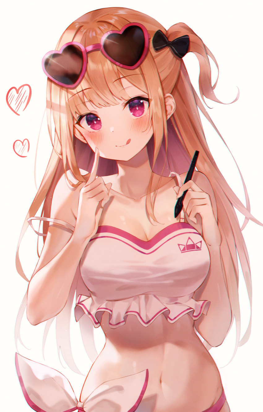 1girl :q absurdres bare_arms bare_shoulders bikini bikini_bottom_only blonde_hair bow breasts bright_pupils cleavage closed_mouth collarbone crop_top eyewear_on_head frills glint hair_bow haneiro heart heart-shaped_eyewear highres holding huion index_finger_raised large_breasts long_hair looking_at_viewer midriff navel one_side_up pink_bikini pink_eyes shirt side-tie_bikini_bottom sidelocks simple_background sleeveless sleeveless_shirt smile solo spaghetti_strap stomach strap_slip stylus sunglasses swimsuit tongue tongue_out upper_body white_background white_shirt