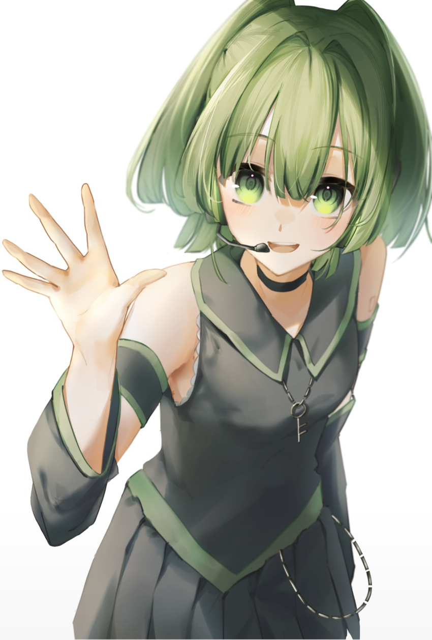 1girl bare_shoulders black_choker borrowed_character breasts choker detached_sleeves green_eyes green_hair grey_shirt grey_skirt hand_up headset highres jewelry key key_necklace korone_sera_(roa) looking_at_viewer medium_hair necklace open_mouth original pleated_skirt popomine_(popo3ne) shirt simple_background skirt sleeveless sleeveless_shirt small_breasts smile solo standing upper_body white_background