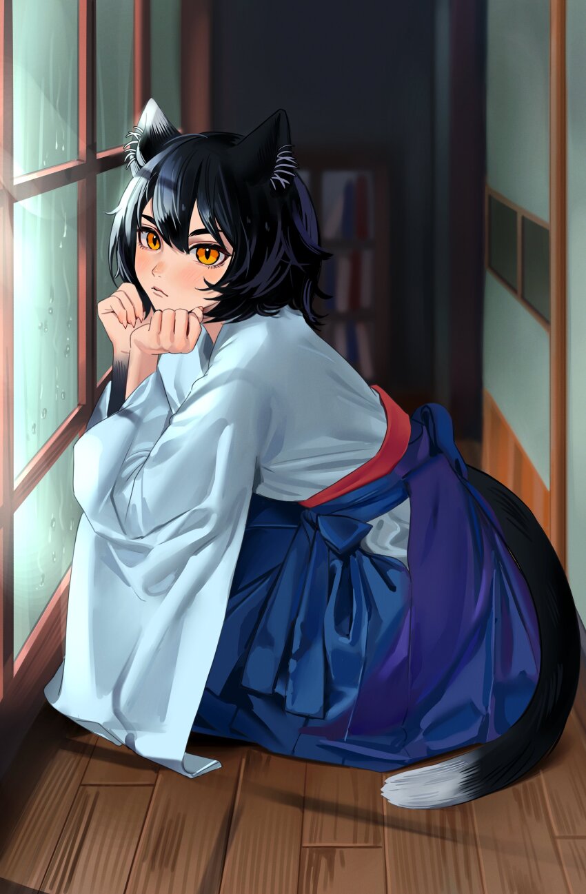 1girl absurdres alternate_costume animal_ear_fluff animal_ears black_hair blue_skirt blush brown_eyes cat_ears cat_tail closed_mouth dungeon_meshi hair_between_eyes hakama hakama_skirt highres indoors izutsumi japanese_clothes kimono long_sleeves looking_at_viewer short_hair sitting skirt sliding_doors solo sverhnova tail white_kimono wide_sleeves wooden_floor yellow_eyes