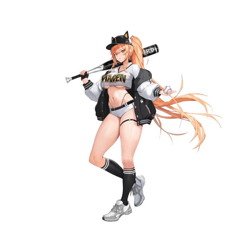 1girl ball bare_legs baseball_(object) baseball_bat baseball_cap baseball_jersey baseball_uniform belt black_belt black_gloves black_hat black_jacket black_panties black_socks breasts character_name collarbone crop_top english_shepherd_(last_origin) english_text fingerless_gloves full_body gloves hair_between_eyes hat high_ponytail highleg highleg_panties highres holding holding_ball holding_baseball_bat jacket jersey kneehighs large_breasts last_origin linea_alba looking_at_viewer messy_hair micro_shorts multicolored_clothes multicolored_jacket navel non-web_source o-ring o-ring_thigh_strap official_alternate_costume official_art open_clothes open_jacket orange_eyes orange_hair panties parted_lips paw_print shirt shoes shorts sidelocks simple_background single_glove sneakers socks solo sportswear standing tachi-e thick_thighs thigh_strap thighs transparent_background tunamayo_(dsasd751) two-tone_jacket underboob underwear white_footwear white_jacket white_shirt white_shorts