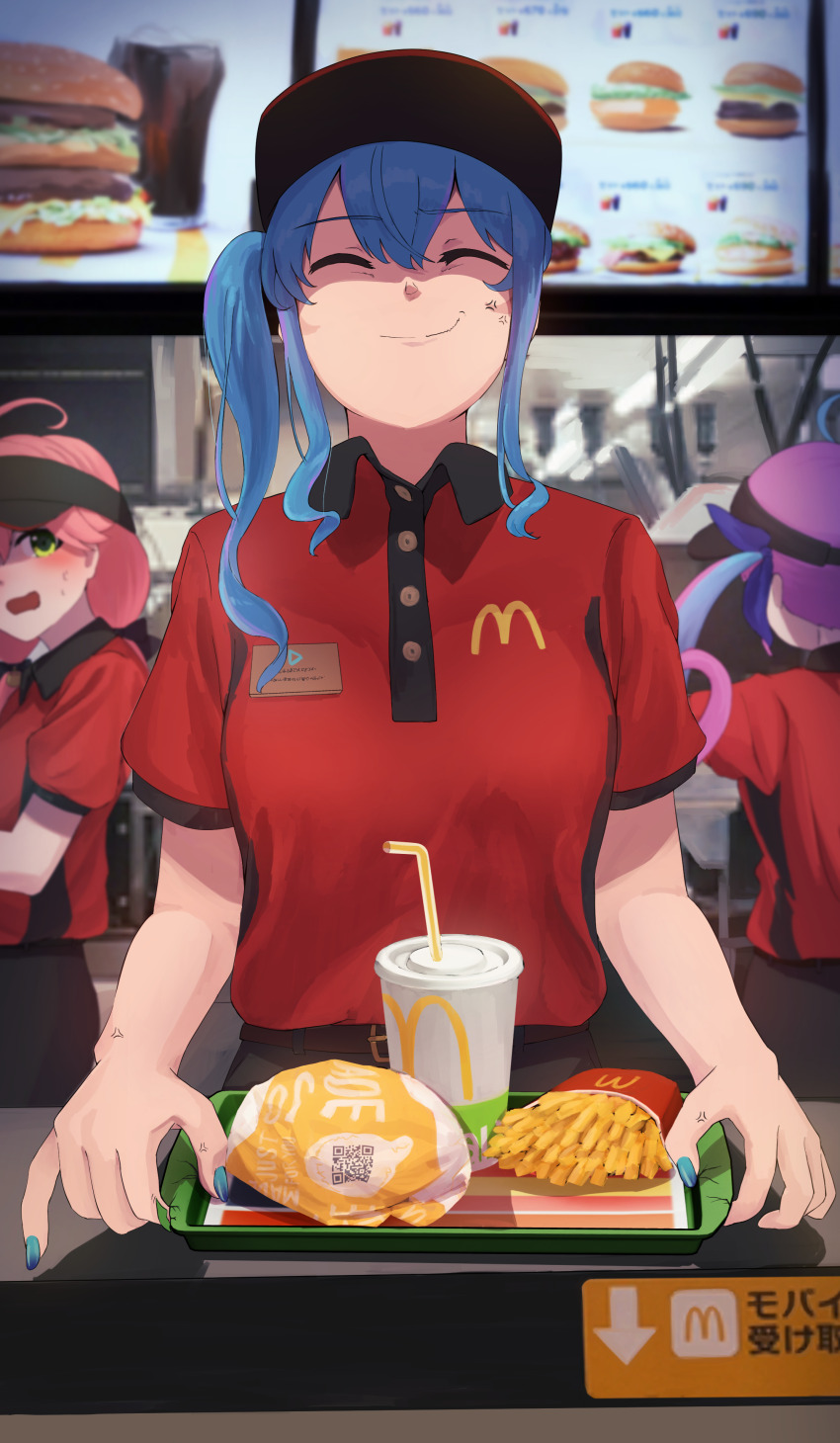 3girls absurdres ahoge anger_vein aqua_hair blue_nails blurry blurry_background breasts burger closed_eyes closed_mouth counter cup disposable_cup drill_hair drinking_straw employee_uniform facing_away food french_fries green_eyes highres hololive hoshimachi_suisei logo mcdonald&#039;s minato_aqua multiple_girls open_mouth pink_hair red_shirt restaurant risu_(risu_0128) sakura_miko shirt side_ponytail smile tray virtual_youtuber visor_cap