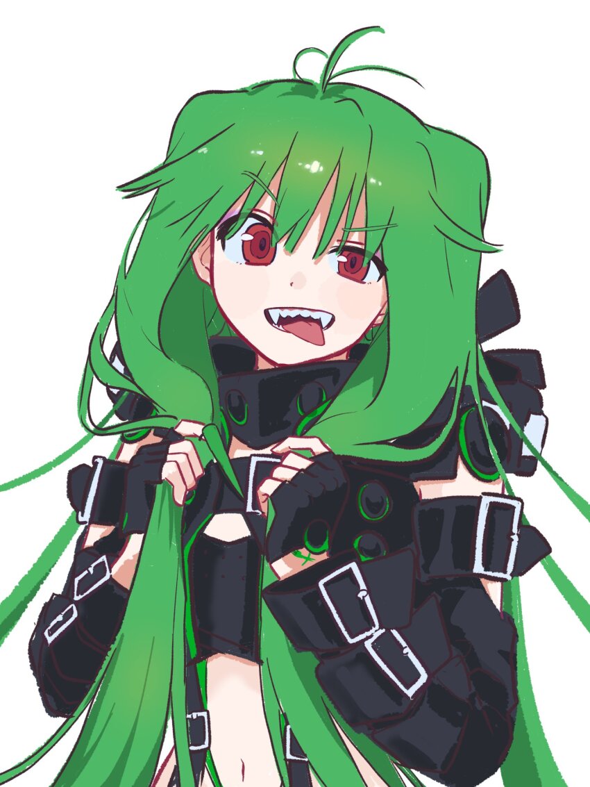 1girl black_gloves black_jacket cowlick cropped_jacket cropped_shirt fangs fingerless_gloves gloves green_hair highres holding holding_own_hair jacket jui_bangul long_hair looking_at_viewer macross macross_delta macross_delta:_zettai_live!!!!!! macross_frontier navel red_eyes solo tongue tongue_out v-shaped_eyebrows very_long_hair white_background yami_ranka