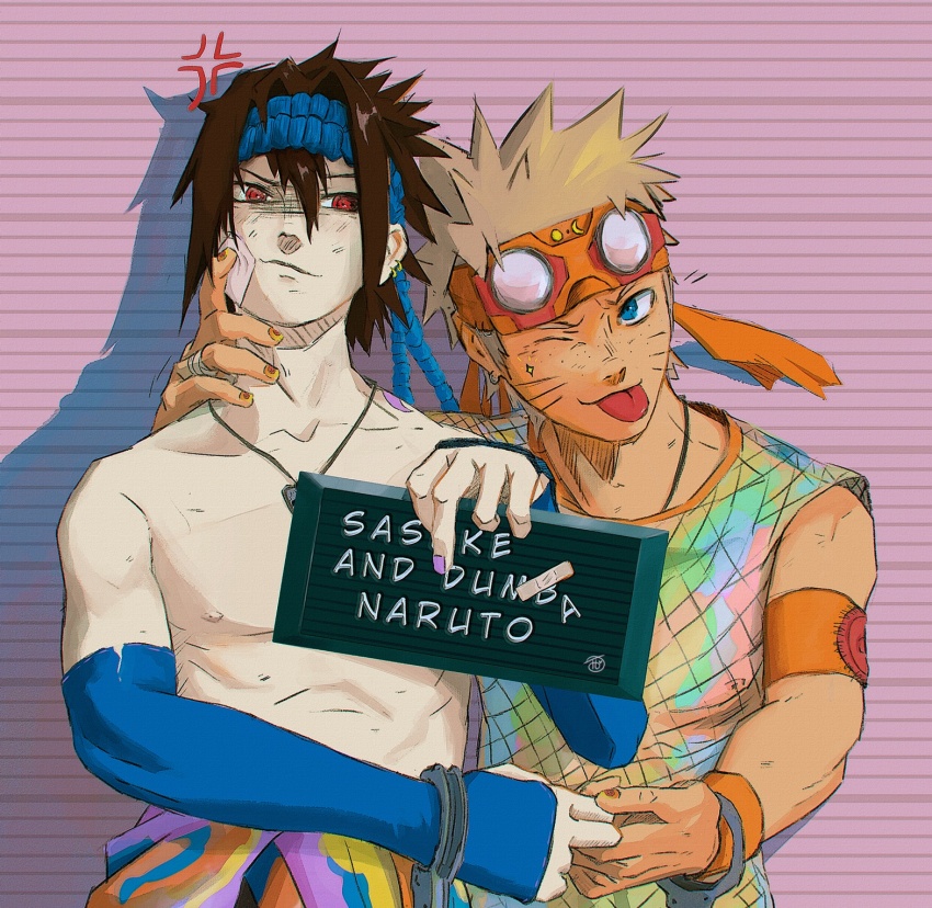 2boys barbie_mugshot_(meme) black_hair blonde_hair blue_eyes cuffs facial_mark handcuffs highres meme multiple_boys nail_polish naruto_(series) naruto_shippuuden red_eyes sharingan tamelee tongue tongue_out topless_male uchiha_sasuke uzumaki_naruto whisker_markings