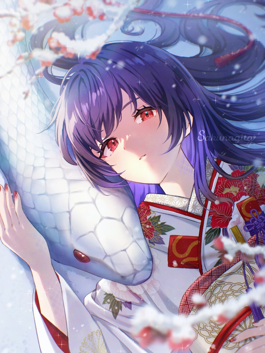 1girl artist_name blush commentary_request floral_print floral_print_kimono hand_on_own_stomach highres japanese_clothes kimono long_hair long_sleeves looking_at_viewer obi obiage obijime open_mouth original print_kimono purple_hair red_eyes red_nails sakunagita sash snake solo sparkle upper_body white_kimono white_snake wide_sleeves