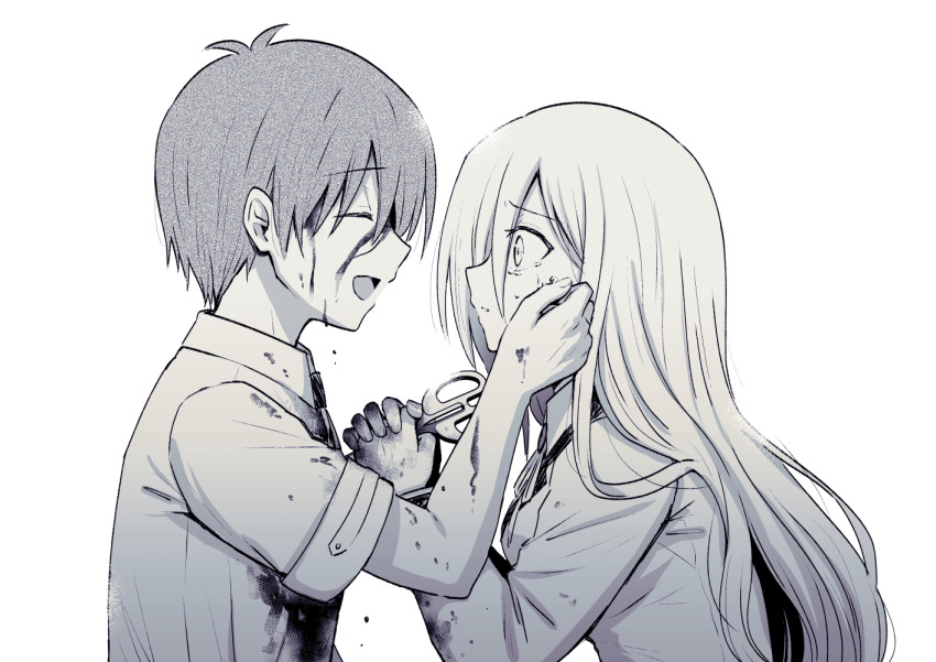 1boy 1girl :d ^_^ angel_beats! blazer blood blood_on_clothes blood_on_face breasts character_request check_character closed_eyes collared_shirt crying crying_with_eyes_open facing_another hair_between_eyes holding holding_scissors jacket long_hair looking_at_another medium_breasts nakamura_hinato neck_ribbon necktie noda_(angel_beats!) open_mouth profile ribbon scissors shirt simple_background smile stab tears upper_body very_long_hair white_background