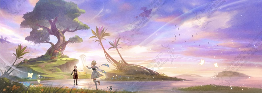 1boy 1girl aether_(genshin_impact) anna_(drw01) blonde_hair brother_and_sister brown_pants brown_shirt cloud commentary_request detached_sleeves dress flower genshin_impact gloves grass highres leaf lumine_(genshin_impact) midriff outdoors pants romper scarf scene_reference shirt short_hair_with_long_locks siblings sky standing thighhighs tree water white_dress white_romper white_scarf