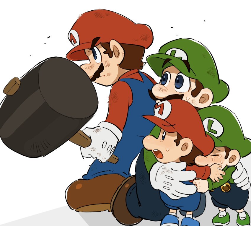 4boys animal_ears baby_luigi baby_mario blue_overalls brown_hair facial_hair from_side full_body gloves green_shirt hammer hat highres luigi male_focus mario mario_(series) mimimi_(mimimim9999) multiple_boys mustache nintendo overalls red_hat shirt