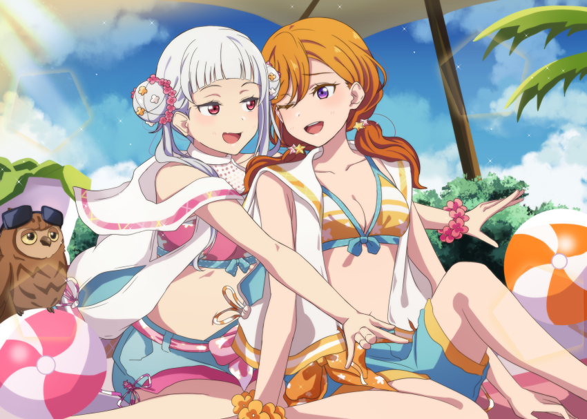 2girls arashi_chisato ball beach beach_umbrella beachball bikini bird birthday blue_sky blunt_bangs breasts cleavage cloud cloudy_sky collarbone colored_sclera double_bun eyewear_on_head hair_bun highres korean_commentary long_hair love_live! love_live!_superstar!! low_twintails manmaru_(love_live!) medium_breasts multiple_girls one_eye_closed orange_hair owl purple_eyes red_eyes shibuya_kanon sky sunglasses swept_bangs swimsuit twintails umbrella white_hair yellow_sclera yumel_lot