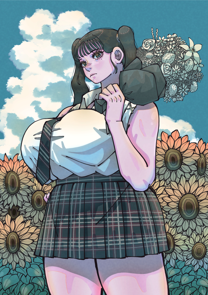 1girl absurdres black_eyes black_hair bouquet breasts center-flap_bangs cloud colored_skin curvy day field flower flower_field highres holding holding_bouquet huge_breasts mole mole_under_eye mole_under_mouth multiple_moles necktie original outdoors overjav pink_skin plaid_clothes plaid_skirt plump school_uniform skirt sleeveless solo standing sunflower sunflower_field thick_eyelashes thick_thighs thighs twintails