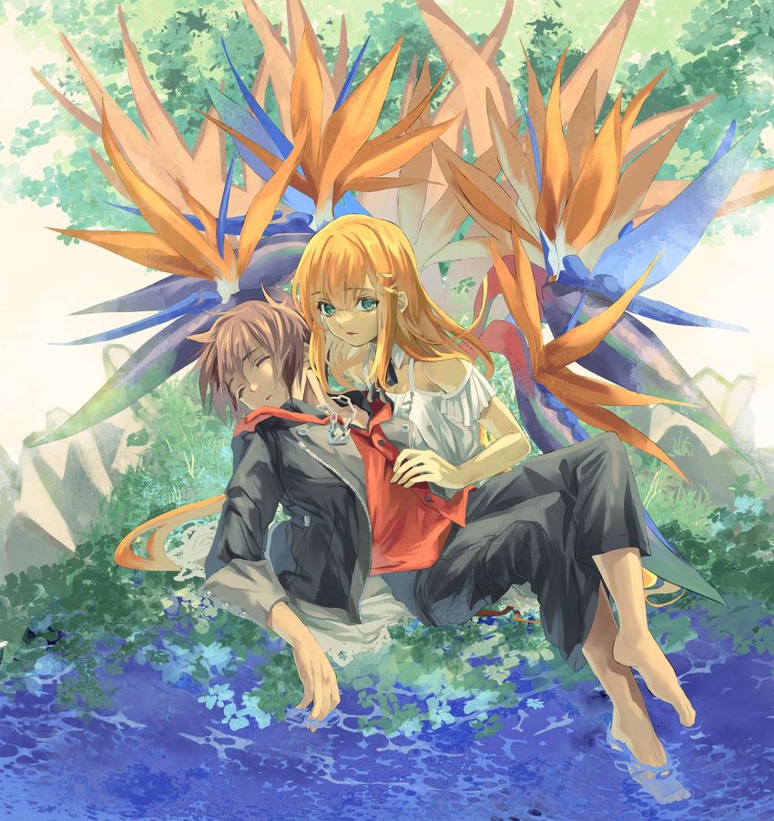 1boy 1girl aqua_eyes barefoot bird_of_paradise_flower black_jacket black_pants brown_hair buttons closed_eyes crown_(symbol) detached_collar detached_sleeves dress flower grass hair_ornament hairclip hand_on_another&#039;s_chest highres hood hooded_jacket hoodie jacket jewelry kingdom_hearts kingdom_hearts_iv long_hair maimai_melc necklace orange_hair pants partially_submerged red_hoodie rock short_hair sleeping sora_(kingdom_hearts) strelitzia_(kingdom_hearts) tree very_long_hair water white_dress