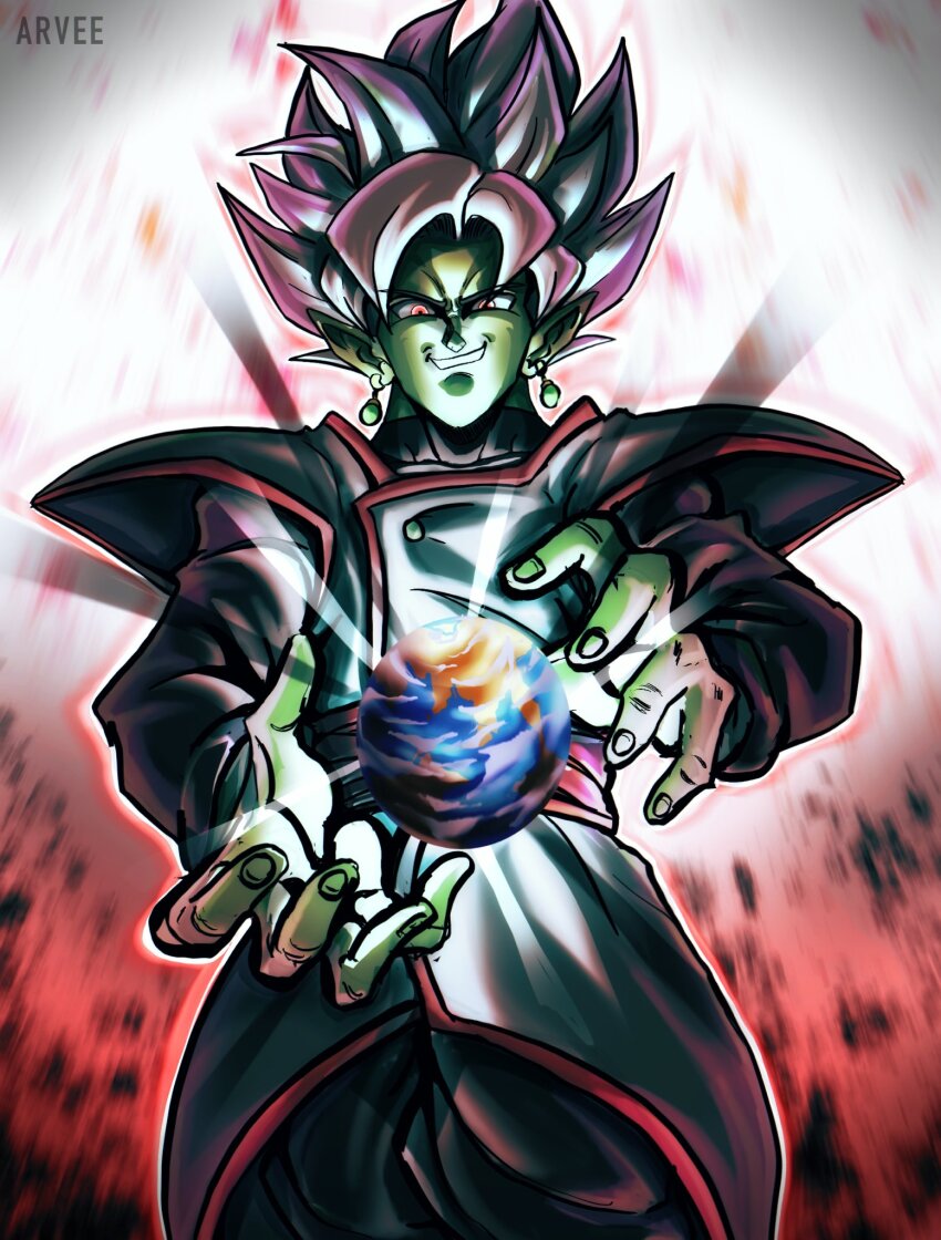 1boy arvee black_bodysuit black_pants bodysuit colored_skin dragon_ball dragon_ball_super earrings earth_(planet) evil_grin evil_smile fused_zamasu green_skin grin highres jewelry long_sleeves looking_ahead pants planet pointy_ears potara_earrings red_eyes red_sash sash smile solo spiked_hair white_hair