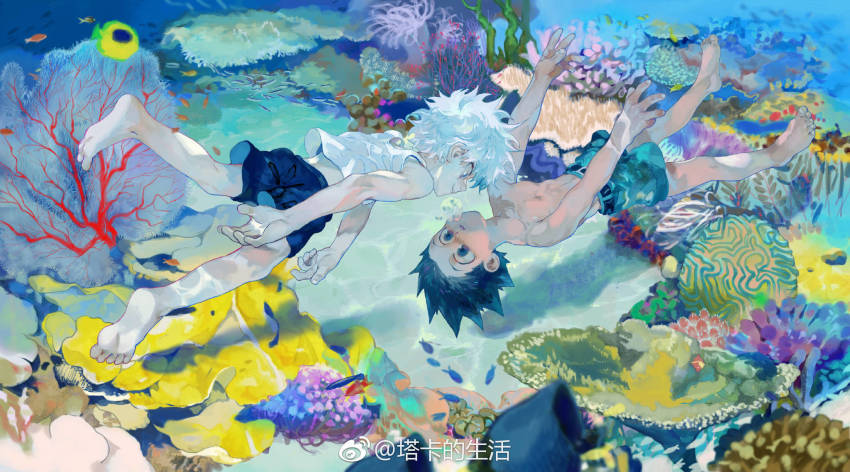 2boys air_bubble barefoot blue_swim_trunks bubble child chinese_commentary commentary_request coral_reef freediving gon_freecss green_one-piece_swimsuit highres hunter_x_hunter killua_zoldyck looking_at_another male_focus multiple_boys muscular muscular_child one-piece_swimsuit school_of_fish seafloor submerged swimming swimsuit takadeshenghuo topless_male underwater white_hair