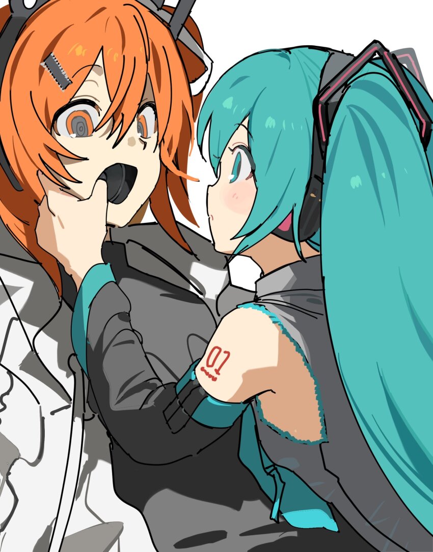 2girls a.i._voice adachi_rei android black_shirt black_sleeves blue_hair blush collared_shirt detached_sleeves face-to-face hair_ornament hatsune_miku highres jacket long_hair long_sleeves looking_at_another medium_hair mouth_pull multiple_girls natwjeq number_tattoo open_clothes open_jacket open_mouth orange_eyes orange_hair shirt shoulder_tattoo simple_background speaker speaker_in_mouth tattoo twintails utau vocaloid white_background white_jacket