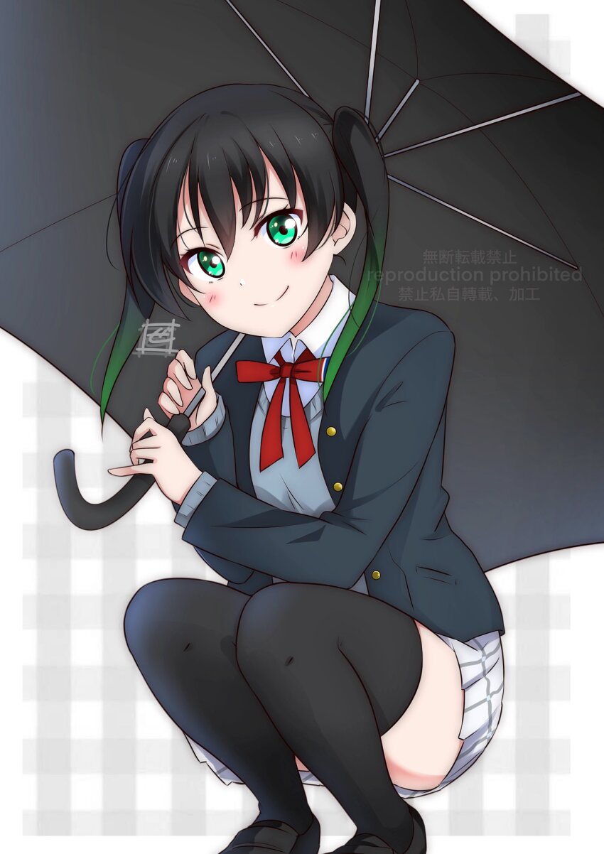 1girl black_footwear black_hair black_jacket black_thighhighs black_umbrella blush closed_mouth collared_shirt commentary convenient_leg dress_shirt full_body gradient_hair green_eyes green_hair grey_skirt grey_sweater hair_between_eyes highres jacket loafers long_sleeves looking_at_viewer love_live! love_live!_nijigasaki_high_school_idol_club medium_hair miniskirt multicolored_hair neck_ribbon nijigasaki_school_uniform open_clothes open_jacket plaid_clothes plaid_skirt pleated_skirt red_ribbon ribbon school_uniform shirt shoes skirt slav_squatting smile solo split_mouth squatting sweater takasaki_yu thighhighs twintails two-tone_hair umbrella watermark white_shirt white_skirt winter_uniform zero-theme zettai_ryouiki