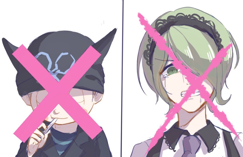 1boy 1girl beanie black_hairband black_hat black_jacket black_shirt blue_shirt blush_stickers brown_hair bu_zhengzheng_zhengzai chinese_commentary cigarette clenched_teeth closed_eyes collared_jacket collared_shirt commentary_request crying crying_with_eyes_open danganronpa_(series) danganronpa_v3:_killing_harmony fake_horns green_eyes green_hair hair_over_one_eye hairband hat holding holding_cigarette horned_headwear horns hoshi_ryoma jacket lace-trimmed_hairband lace-trimmed_shirt_collar lace_trim lapels leather leather_jacket light_smile long_sleeves looking_at_viewer mouth_hold necktie notched_lapels purple_necktie sad shirt short_hair simple_background spoilers strap striped_clothes striped_shirt tears teeth tojo_kirumi two-tone_shirt upper_body white_background white_shirt x