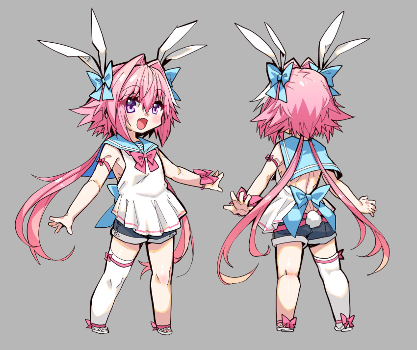 1boy alternate_costume animal_ears arm_bow arm_ribbon astolfo_(fate) astolfo_(saber)_(fate) back_bow backless_outfit blue_bow blue_serafuku blue_shorts bow deformed fake_animal_ears fang fate/apocrypha fate_(series) footwear_bow from_behind full_body grey_background hair_between_eyes hair_bow hair_intakes haoro highres large_bow light_blush long_hair low_twintails male_focus multicolored_hair multiple_animal_ears multiple_views open_mouth outstretched_arms pink_bow pink_hair purple_eyes rabbit_ears rabbit_tail ribbon school_uniform serafuku short_shorts shorts simple_background single_thighhigh skin_fang spread_arms standing streaked_hair tail thighhighs trap twintails two-tone_hair very_long_hair white_hair white_thighhighs wrist_ribbon