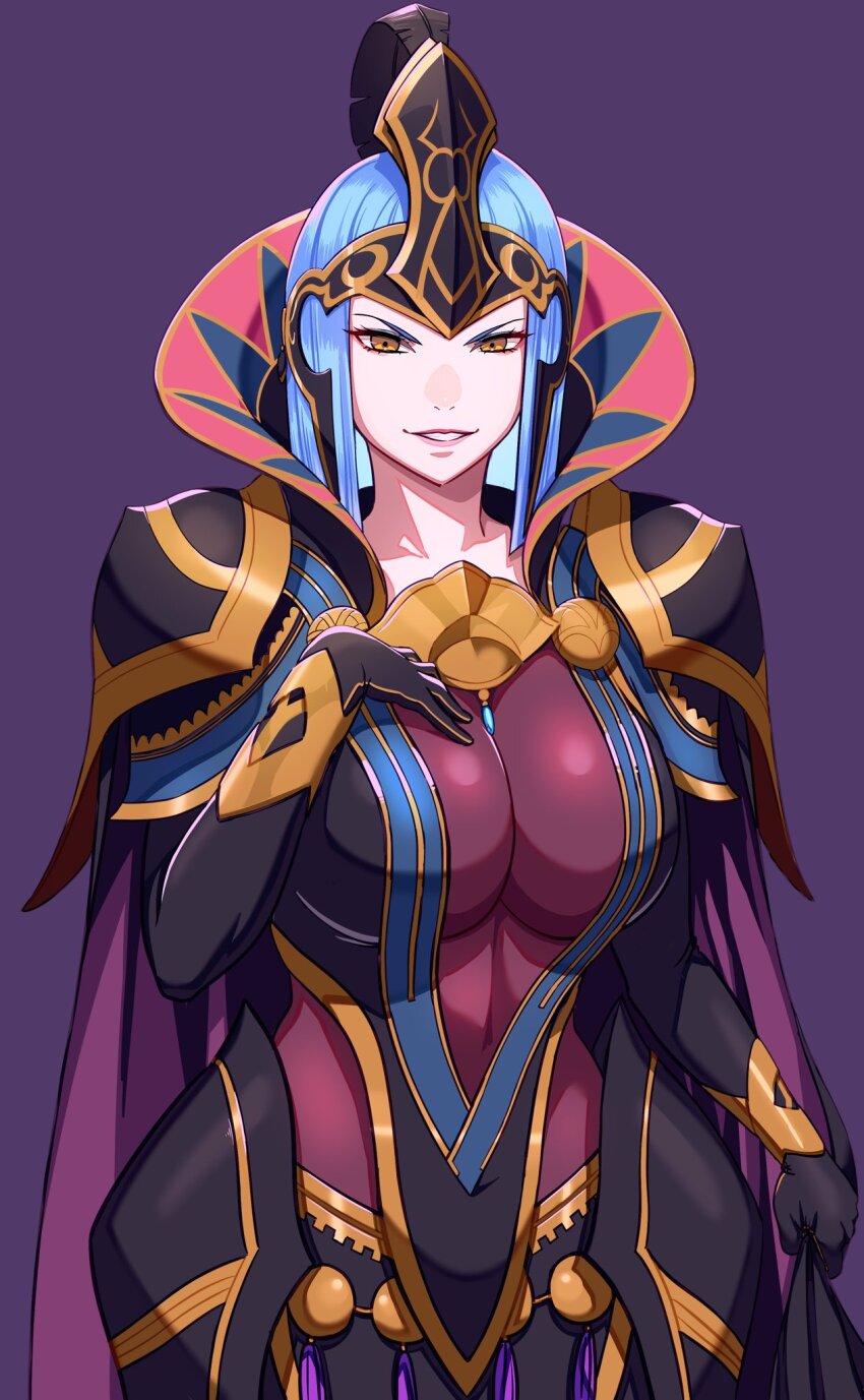 1girl aduti_momoyama arete_(fire_emblem) arm_up black_gloves blue_hair bodystocking breasts cape cleavage clenched_hand elbow_gloves feather_hair_ornament feathers fire_emblem fire_emblem_fates gloves grin hair_ornament hand_on_own_chest highres large_breasts looking_at_viewer nintendo purple_cape smile solo yellow_eyes