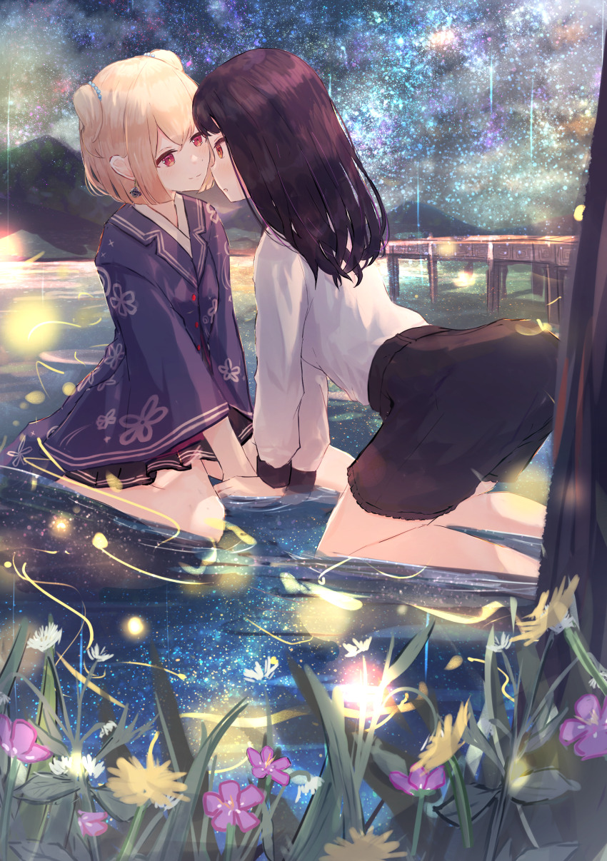 2girls absurdres benevole black_hair blonde_hair dock fireflies flower highres kneeling long_hair long_sleeves looking_at_another multiple_girls night night_sky original partially_submerged red_eyes reflection reflective_water short_hair skirt sky star_(sky) starry_sky water yuri