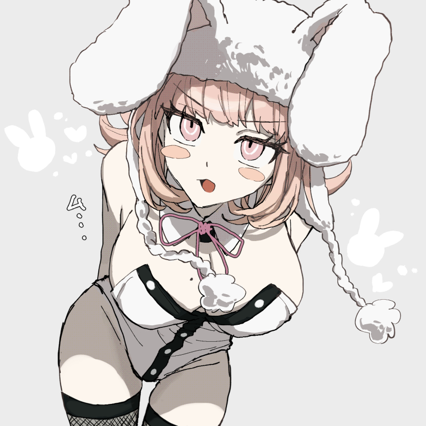 1girl :o animal_ears bare_shoulders black_leotard blush_stickers breasts danganronpa_(series) danganronpa_2:_goodbye_despair detached_collar fake_animal_ears fishnet_thighhighs fishnets highres large_breasts leotard looking_at_viewer mole mole_on_breast nanami_chiaki official_alternate_costume oteage playboy_bunny rabbit_ears solo thighhighs white_leotard