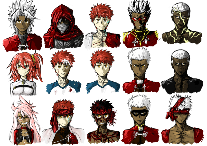 2girls ahoge amakusa_shirou_(fate) angra_mainyu_(fate) archer_(fate) armor bandaged_arm bandages black_eyes black_hair breasts brown_eyes cape chaldea_uniform child chloe_von_einzbern colored_skin commentary craft_essence_(fate) cross cross_necklace cuffs dark-skinned_male dark_skin earrings emiya_alter emiya_kiritsugu emiya_kiritsugu_(assassin) emiya_shirou emiya_shirou_(prisma_illya) fate/apocrypha fate/extra fate/grand_order fate/hollow_ataraxia fate/kaleid_liner_prisma_illya fate/stay_night fate/zero fate_(series) fujimaru_ritsuka_(female) full-body_tattoo grey_eyes grin hair_between_eyes hair_ornament hair_scrunchie headband homurabara_academy_school_uniform hood jacket jewelry limited/zero_over long_hair looking_at_viewer magical_girl manly mask multicolored_hair multicolored_skin multiple_boys multiple_girls necklace nicoseiga20833768 one_side_up orange_eyes orange_hair pink_hair raglan_sleeves red_headband school_uniform scrunchie senji_muramasa_(fate) shackles short_hair side_ponytail small_breasts smile stole stomach_tattoo streaked_hair tattoo topless_male translation_request two-tone_skin two_side_up white_cape white_hair white_jacket yellow_eyes