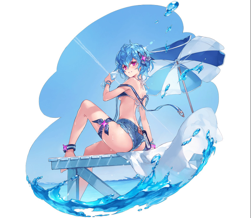 1girl almace_(phantom_of_the_kill) anklet ass back bikini bikini_top_only blue_background blue_bikini blue_hair blue_sky bottle bracelet breasts contrail da-kuro glass_bottle hair_ornament highres holding holding_bottle jewelry looking_at_viewer no_socks ocean official_art parasol phantom_of_the_kill pink_eyes plastic_bottle short_hair short_shorts shorts simple_background sitting sky small_breasts smile solo swimsuit thighs transparent_background umbrella