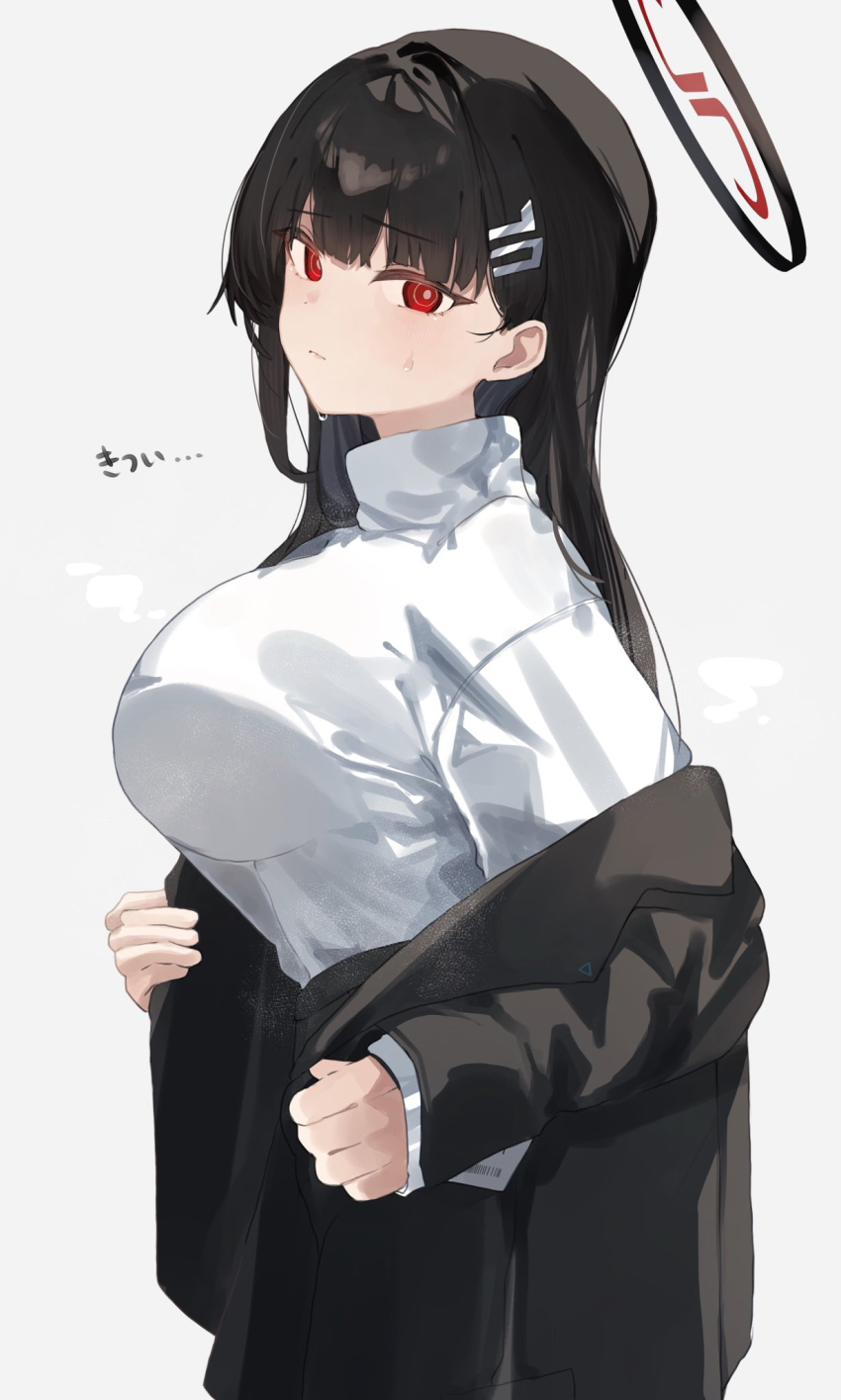 1girl black_hair blazer blue_archive breasts hair_ornament hairclip halo higa_(gominami) highres jacket large_breasts long_hair looking_at_viewer off_shoulder red_eyes rio_(blue_archive) simple_background solo sweatdrop sweater turtleneck turtleneck_sweater white_background white_sweater