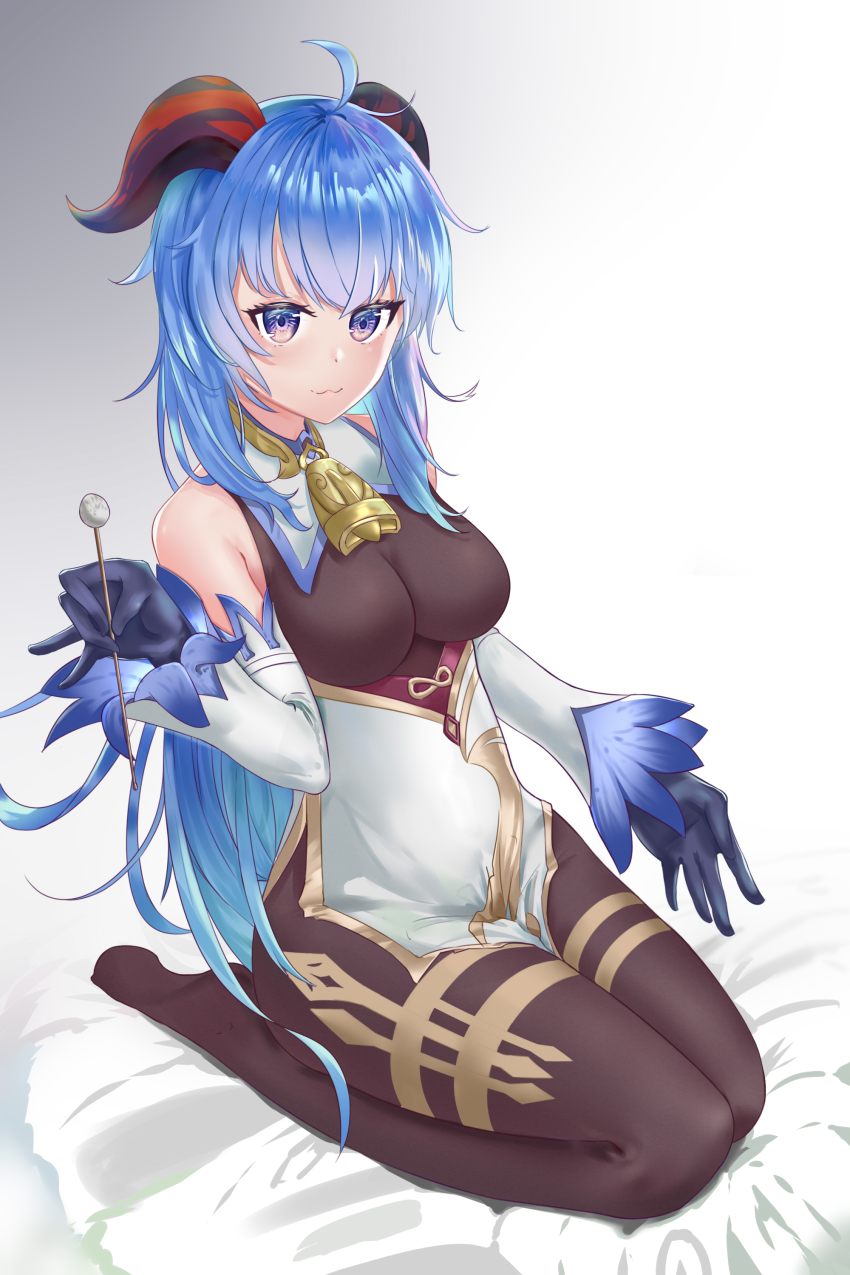 1girl :3 absurdres ahoge banshi bare_shoulders bell black_legwear blue_gloves blue_hair blush breasts cameltoe detached_sleeves ganyu_(genshin_impact) genshin_impact gloves gold_trim highres horns light_smile long_hair looking_at_viewer medium_breasts neck_bell no_shoes purple_eyes sidelocks sitting smug solo thighs wariza white_sleeves