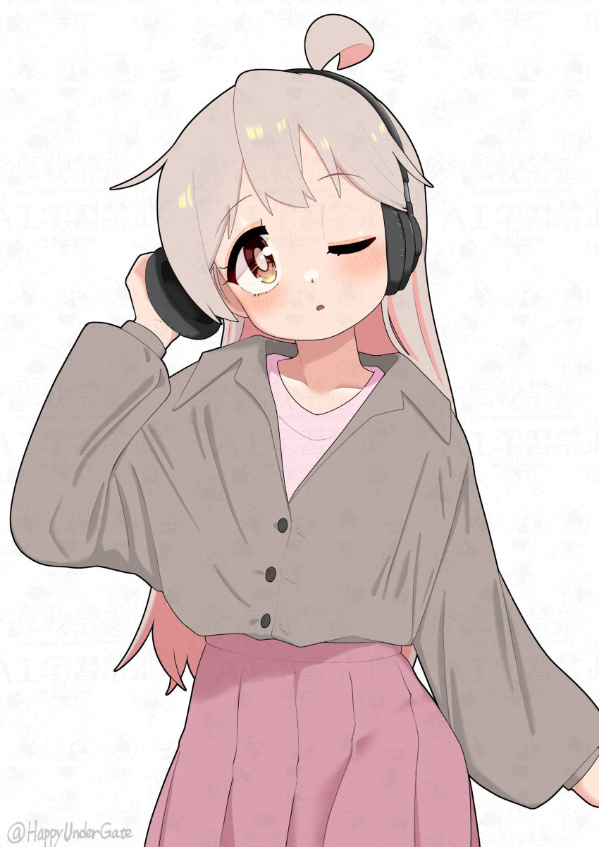 1girl absurdres ahoge alternate_costume artist_name brown_eyes casual colored_inner_hair commentary grey_hair grey_jacket hand_on_headphones happyundergate headphones highres jacket light_blush long_hair long_sleeves looking_at_viewer multicolored_hair one_eye_closed onii-chan_wa_oshimai! oyama_mahiro pink_hair pink_shirt pink_skirt pleated_skirt puffy_long_sleeves puffy_sleeves shirt simple_background skirt solo twitter_username two-tone_hair white_background