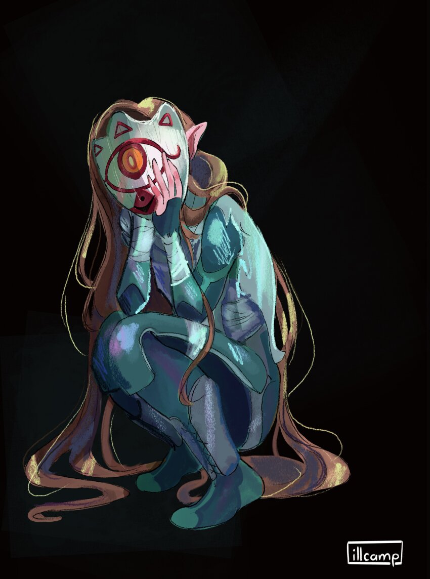 1girl absurdres black_background blonde_hair bodysuit full_body highres illcamp long_hair mask mask_of_truth nintendo pointy_ears sheik solo squatting the_legend_of_zelda the_legend_of_zelda:_ocarina_of_time very_long_hair