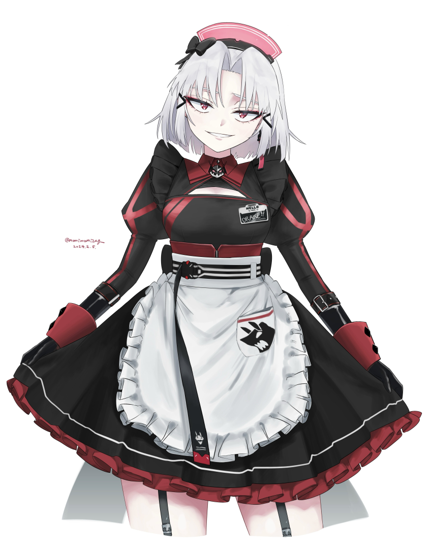 1girl absurdres alternate_costume apron black_bow bow breasts cleavage_cutout clothing_cutout commentary corset cowboy_shot dated drake_(maid_for_villain)_(nikke) drake_(nikke) enmaided eyeshadow frilled_apron frilled_skirt frills garter_straps goddess_of_victory:_nikke grey_hair grin hair_bow hair_ornament hairclip head_tilt highres juliet_sleeves long_sleeves looking_at_viewer maid maid_apron maid_headdress makeup name_tag nikumanman official_alternate_costume parted_bangs puffy_sleeves red_eyes red_eyeshadow short_hair simple_background skirt skirt_hold small_breasts smile smirk solo standing twitter_username underbust white_background wing_collar wrist_cuffs