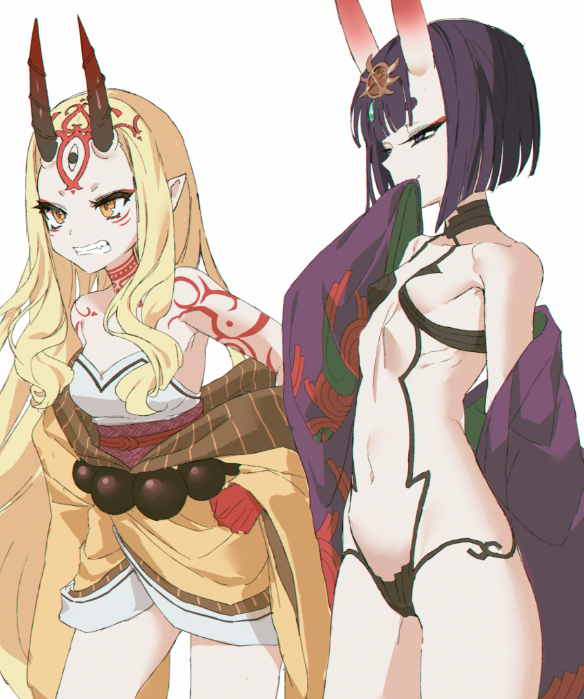 2girls blonde_hair body_markings breasts clenched_teeth covering_own_mouth eyeliner facial_mark fate/grand_order fate_(series) headpiece highres horns ibaraki_douji_(fate) japanese_clothes kimono long_hair makeup multiple_girls navel off_shoulder oni open_clothes open_kimono pointy_ears purple_hair sake_onicure short_hair shuten_douji_(fate) simple_background skin-covered_horns small_breasts teeth white_background yellow_eyes