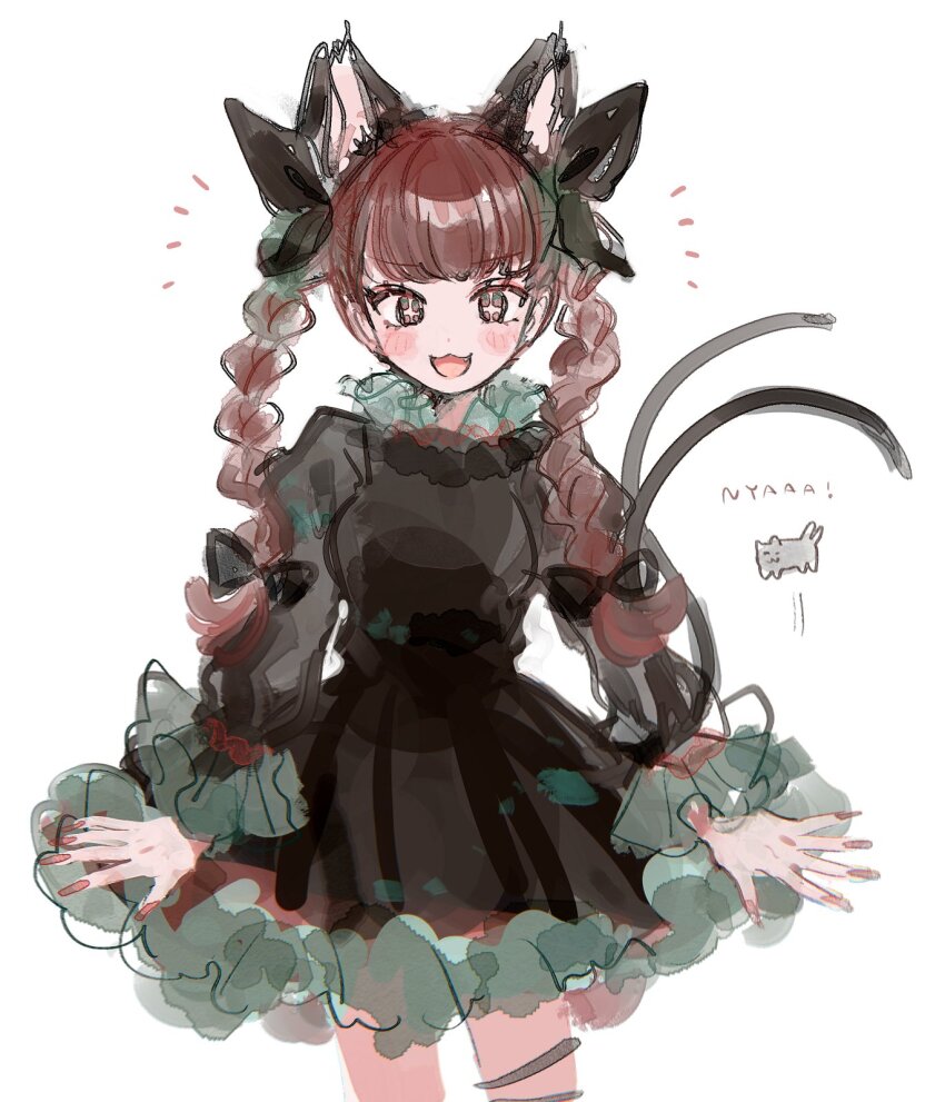 1girl :3 animal_ears black_bow black_dress black_ribbon blunt_bangs bow braid cat_ears cat_girl cat_tail commentary cowboy_shot dress english_text extra_ears fangs fingernails frilled_dress frills green_trim grey_cat highres kaenbyou_rin leg_ribbon light_blush long_fingernails long_hair long_sleeves mozukuzu_(manukedori) multiple_tails notice_lines open_mouth red_eyes red_hair red_nails ribbon simple_background smile sparkling_eyes symbol-only_commentary tail touhou twin_braids white_background