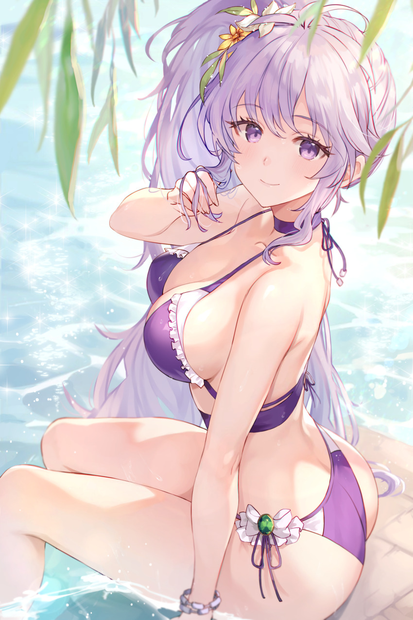 1girl absurdres ass bikini bracelet breasts commission commissioner_upload fire_emblem fire_emblem:_genealogy_of_the_holy_war flower hair_flower hair_ornament highres ishtar_(fire_emblem) jewelry nintendo panties ponytail purple_eyes purple_hair shanabi0610 side-tie_bikini_bottom side-tie_panties side_ponytail solo swimsuit underwear watermark