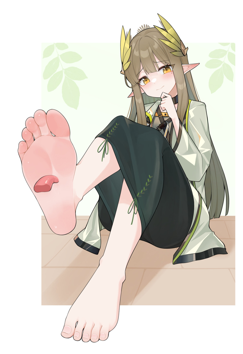 1girl absurdres arknights barefoot blush feet foot_worship highres licking_foot long_hair looking_at_viewer muelsyse_(arknights) pointy_ears soles toes wl217_(nicexa111) yellow_eyes