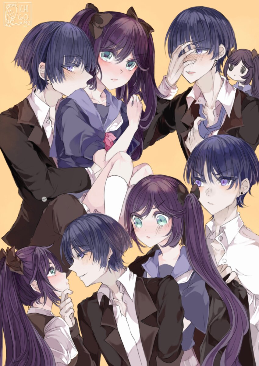 1boy 1girl absurdres adjusting_clothes adjusting_necktie alternate_costume averting_eyes behind_another black_bow black_hair black_jacket black_sleeves blazer blue_eyes blunt_ends blush borrowed_clothes bow closed_mouth collarbone collared_shirt contemporary couple earrings eye_contact face-to-face fingernails genshin_impact hair_between_eyes hair_bow hand_on_another&#039;s_chin hand_on_own_face hand_over_eye hand_up head_on_another&#039;s_shoulder hetero highres holding holding_jewelry holding_necklace hug hug_from_behind ichigoh jacket jacket_on_shoulders jewelry juliet_sleeves knees_up lapels layered_sleeves long_hair long_sleeves looking_at_another looking_at_viewer mona_(genshin_impact) multiple_views necklace necktie open_clothes open_jacket open_mouth partially_unbuttoned pink_bow puffy_sleeves purple_eyes purple_hair purple_sailor_collar purple_serafuku purple_sleeves sailor_collar scaramouche_(genshin_impact) school_uniform serafuku shirt short_sleeves signature smirk squiggle_eyes tareme tsurime twintails v-shaped_eyebrows white_mouth white_shirt white_sleeves yellow_background