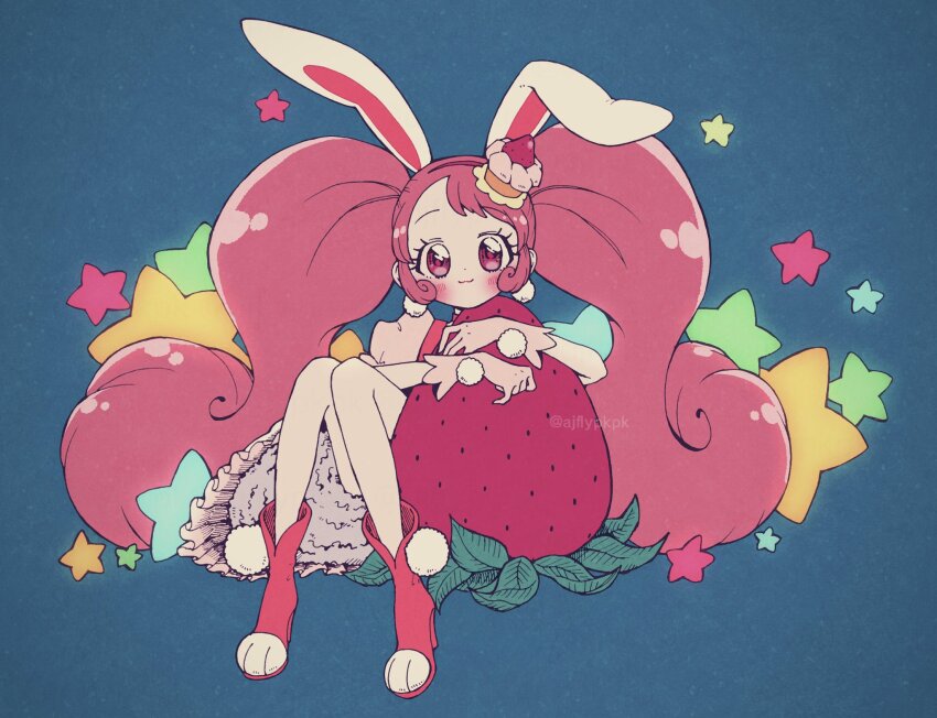 1girl :3 aji_fry animal_ears blush bow cake_hair_ornament commentary_request cure_whip earrings food food-themed_hair_ornament fruit gloves hair_ornament highres holding holding_food jewelry kirakira_precure_a_la_mode long_hair magical_girl pink_hair pom_pom_(clothes) pom_pom_earrings precure smile solo star_(symbol) strawberry strawberry_hair_ornament twintails twitter_username usami_ichika