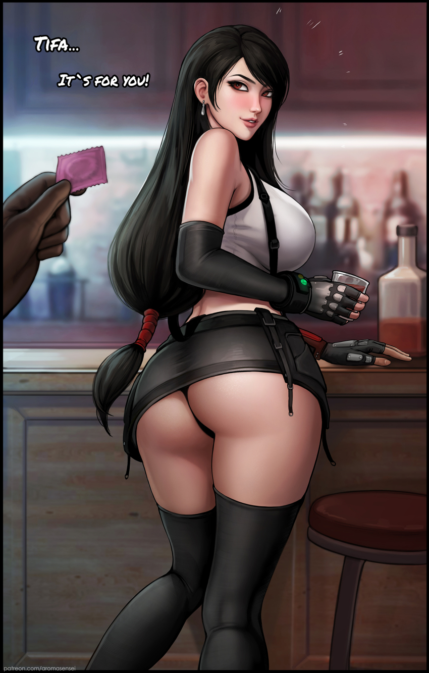 1boy 1girl absurdres alcohol aroma_sensei ass bar_(place) black_gloves black_hair black_panties black_skirt black_thighhighs blurry blurry_background bottle breasts brown_gloves cloud_strife condom condom_wrapper counter cup curvy earrings elbow_gloves final_fantasy final_fantasy_vii final_fantasy_vii_remake fingerless_gloves giving gloves highres holding holding_condom holding_cup jewelry large_breasts lips long_hair looking_at_viewer looking_back low-tied_long_hair materia miniskirt notice_lines panties pantyshot parted_lips red_eyes skirt solo_focus stool suspender_skirt suspenders swept_bangs thighhighs thighs tifa_lockhart underwear