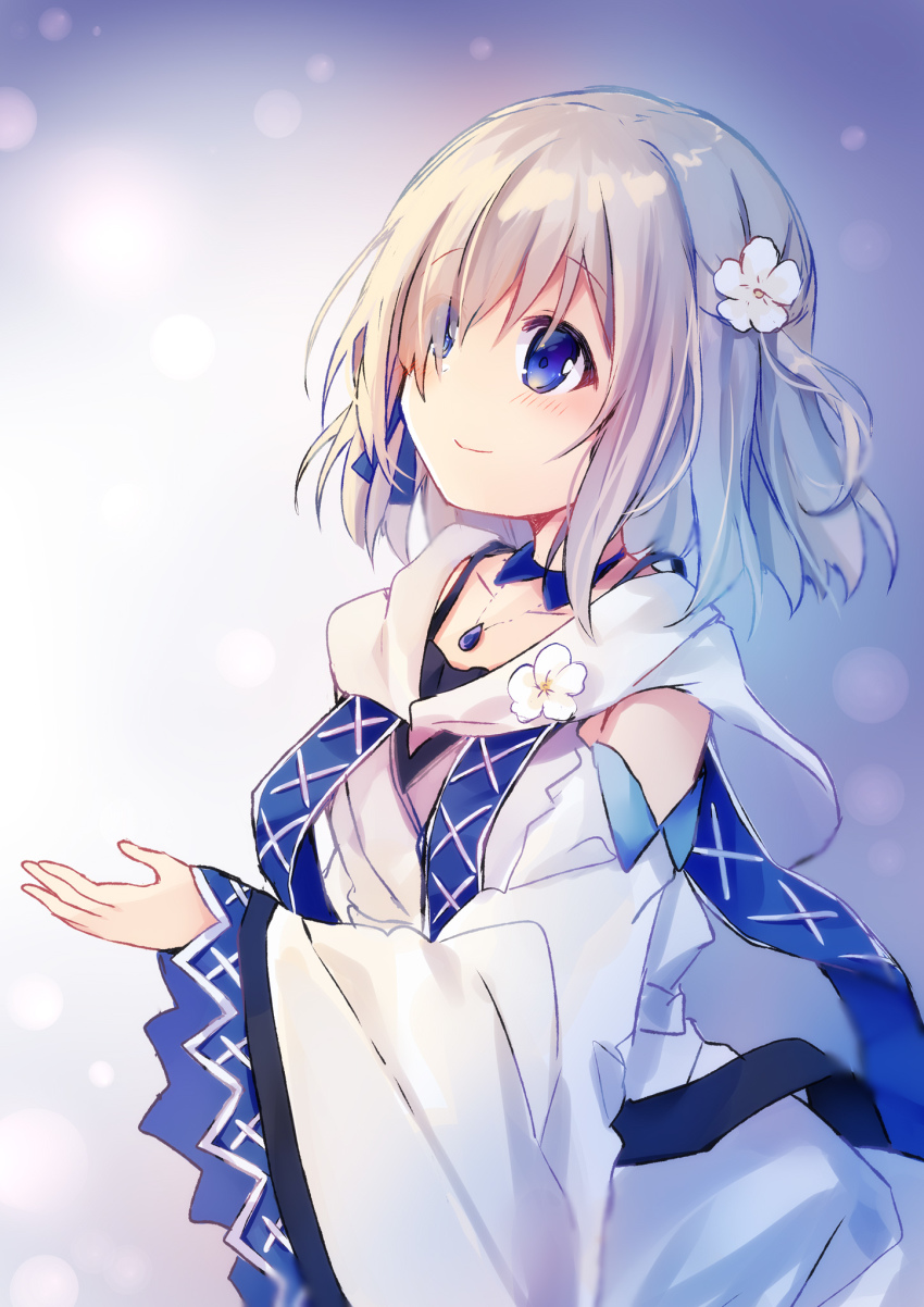 1girl asanagi_kurumi_(panda-doufu) blue_eyes blue_ribbon blush closed_mouth collarbone dress female_focus flower grey_hair hair_flower hair_ornament hair_over_one_eye hair_ribbon highres isuzu_ren jewelry long_hair long_sleeves looking_away magia_record:_mahou_shoujo_madoka_magica_gaiden mahou_shoujo_madoka_magica one_side_up pendant ribbon sleeves_past_wrists smile solo white_dress white_flower wide_sleeves