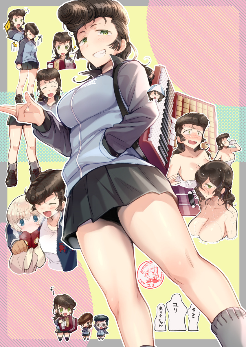 1girl absurdres accordion birthday black_hair breasts brown_hair girls_und_panzer green_eyes grin highres instrument keizoku_military_uniform koyama_harutarou large_breasts mika_(girls_und_panzer) pleated_skirt pompadour school_uniform skirt smile upskirt youko_(girls_und_panzer) yuri_(girls_und_panzer)