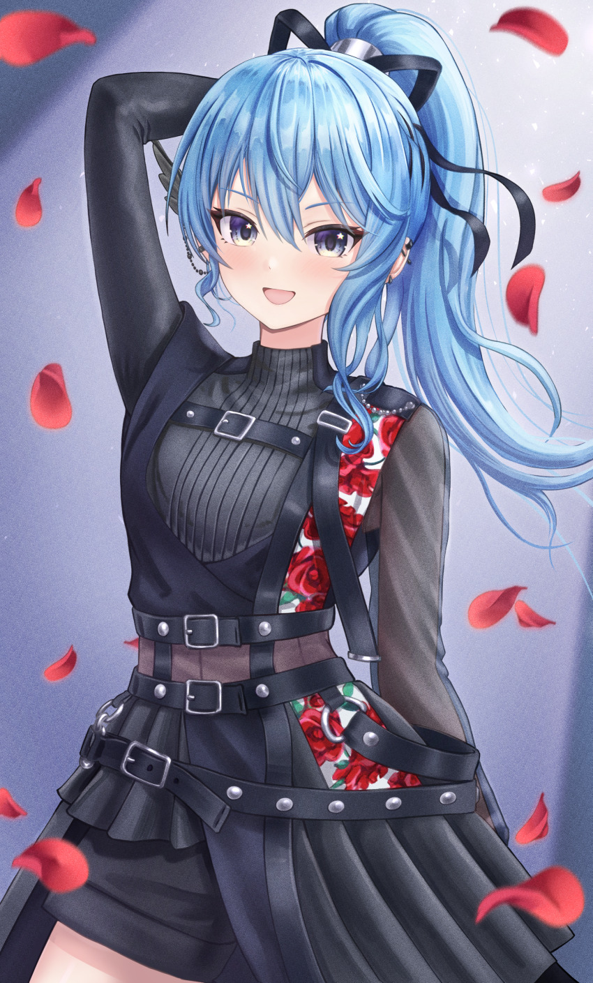 absurdres arm_up asymmetrical_sleeves black_shirt black_shorts black_skirt blue_eyes blue_hair chest_harness double-parted_bangs falling_petals hair_between_eyes hair_ribbon hair_tubes harness highres hololive hoshimachi_suisei hoshimachi_suisei_(shout_in_crisis) layered_skirt long_sleeves mismatched_sleeves official_alternate_costume official_alternate_hairstyle overskirt petals pleated_skirt ponytail ribbon ring_hair_ornament see-through_clothes see-through_midriff see-through_sleeves shirt shorts single_hair_tube skirt star_(symbol) star_in_eye symbol_in_eye turtleneck virtual_youtuber waist_cape wajuniorbox