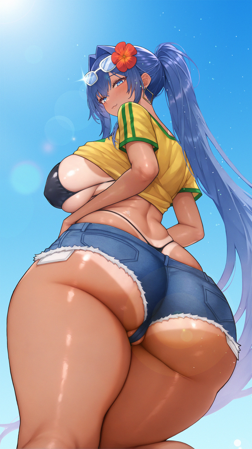 1girl :3 ass ass_focus azur_lane bikini bikini_tan bikini_under_clothes black_bikini blue_hair blue_shorts blue_sky blush brazilian_miku brazilian_miku_(cosplay) breasts closed_mouth clothes_lift commentary_request cosplay day denim denim_shorts erufura exposed_pocket flower from_behind from_below hair_between_eyes hair_flower hair_intakes hair_ornament hatsune_miku highres huge_ass large_breasts long_hair looking_at_viewer new_jersey_(azur_lane) open_mouth ponytail shirt shirt_lift short_shorts short_sleeves shorts skindentation sky smile solo swimsuit tan tanline thighs thong_bikini vocaloid whale_tail_(clothing) white-framed_eyewear yellow_shirt