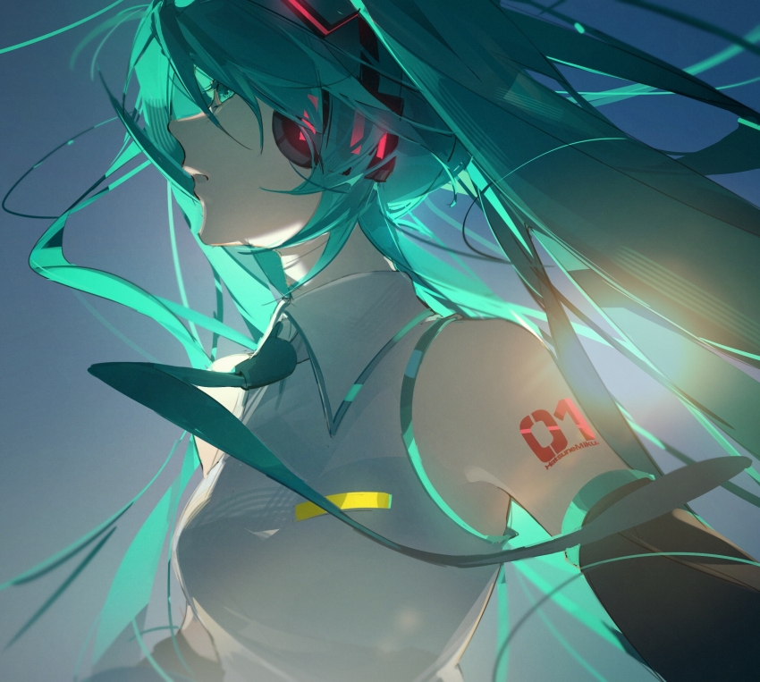 1girl aqua_eyes aqua_hair aqua_necktie black_sleeves collared_shirt commentary detached_sleeves from_side hair_ornament hatsune_miku headset highres long_hair necktie number_tattoo nyansky profile shirt shoulder_tattoo sleeveless sleeveless_shirt solo tattoo twintails upper_body very_long_hair vocaloid white_shirt