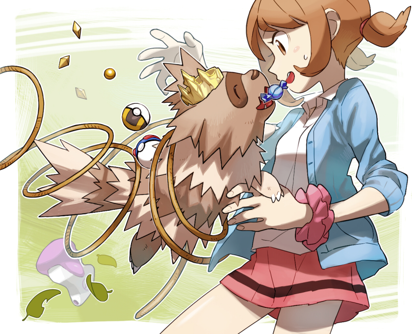 1girl brown_eyes brown_hair collared_shirt commentary_request creatures_(company) donnpati game_freak gen_3_pokemon great_ball hair_tie king&#039;s_rock lass_(pokemon) leaf looking_down nintendo open_mouth pink_skirt poke_ball pokemon pokemon_(creature) pokemon_oras potion_(pokemon) rare_candy scrunchie shirt skirt teeth ultra_ball upper_teeth_only white_shirt wrist_scrunchie zigzagoon